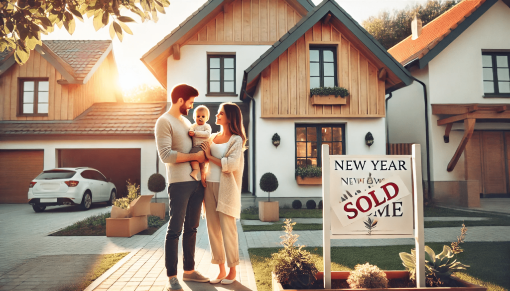A warm and inviting image of a couple and their young child standing outside a modern, cozy home with a 'Sold' sign in the yard. The family is smiling.